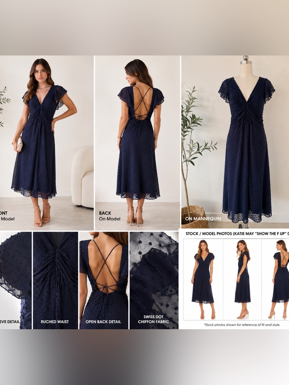 Katie May Navy Swiss Dot Midi Dress